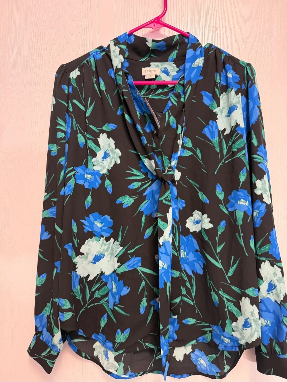 Women's Blue Floral Tie-Neck Blouse